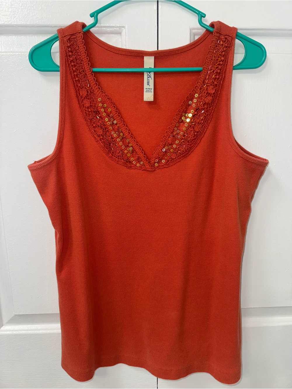L.A. Blues Womens 14/16W Rust Orange Tank Top Crochet Sequin Scoop Neck Cotton